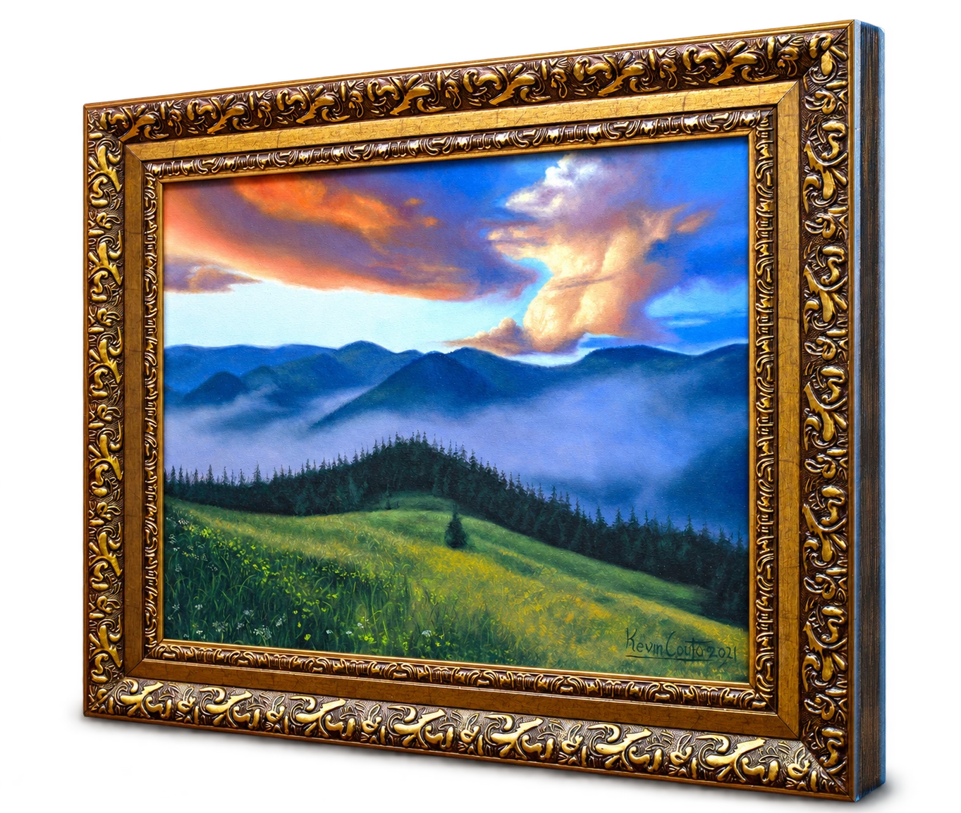 Pintura de paisagem em moldura dourada